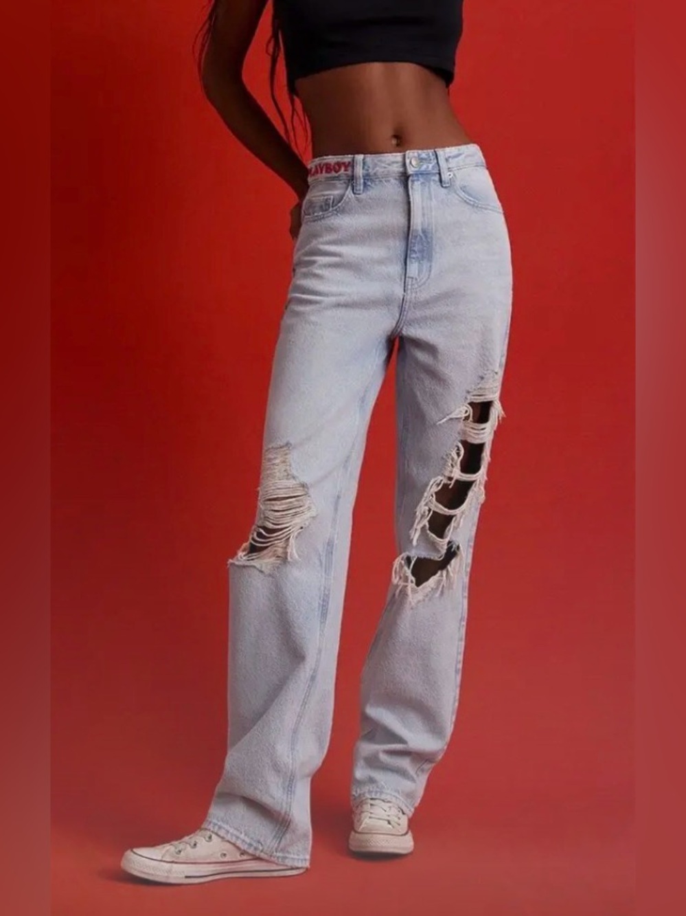 Playboy By Pacsun Women Jeans 27 Light Blue Denim Red Bunny Embroidery